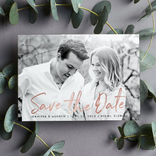 Modern White Marble Rose Gold Script Photo Save The Date
