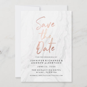 Modern White Marble Rose Gold Script Save The Date