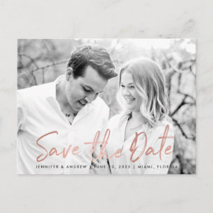 Modern White Marble Rose Gold Script Save The Date Announcement Postcard