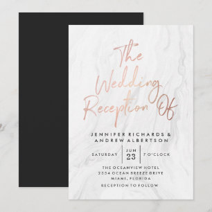 Modern White Marble Rose Gold Script Wedding Invitation