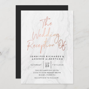 Modern White Marble Rose Gold Script Wedding Invitation