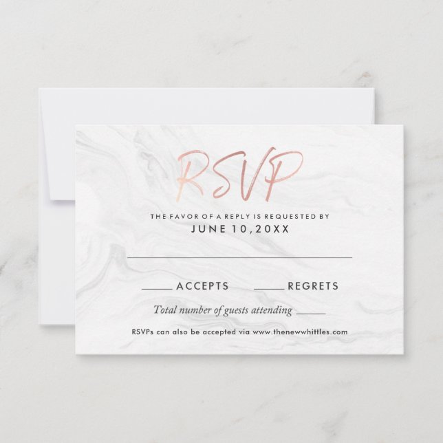 Modern White Marble Rose Gold Script Wedding RSVP Invitation (Front)