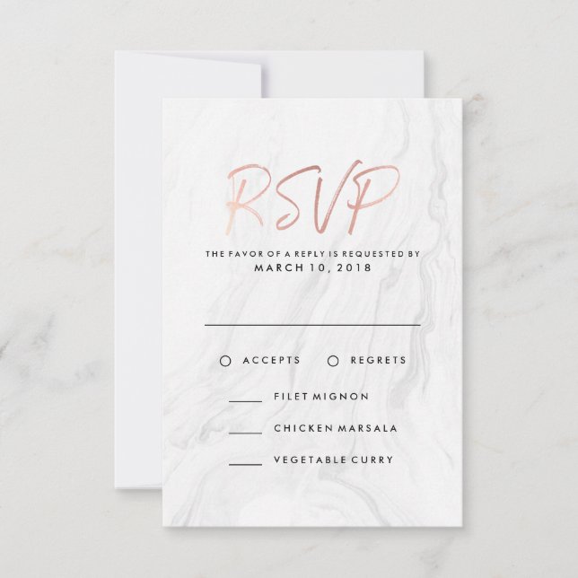 Modern White Marble Rose Gold | Wedding RSVP Menu (Front)