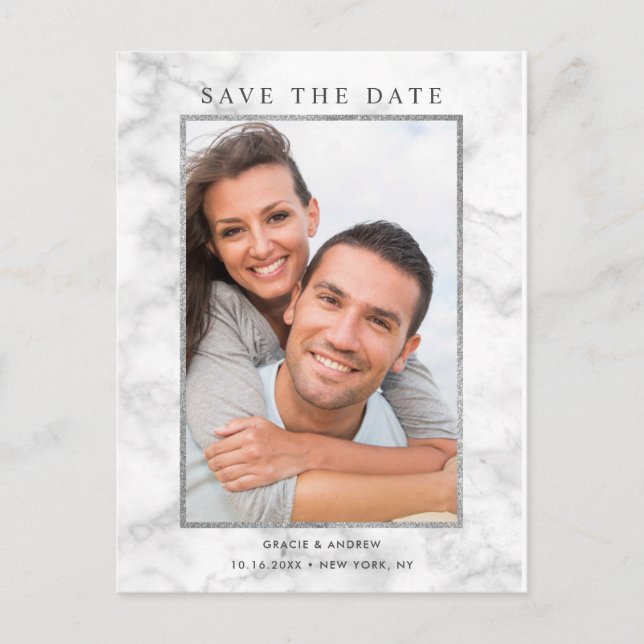 Modern White Marble Save the Date Photo Announcement Postcard (Front)