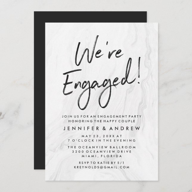 Modern White Marble Script | Engagement Party Invitation (Front/Back)