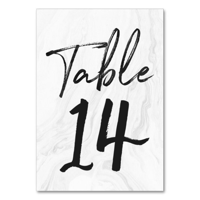 Modern White Marble Script | Table Number Card 14 (Front)