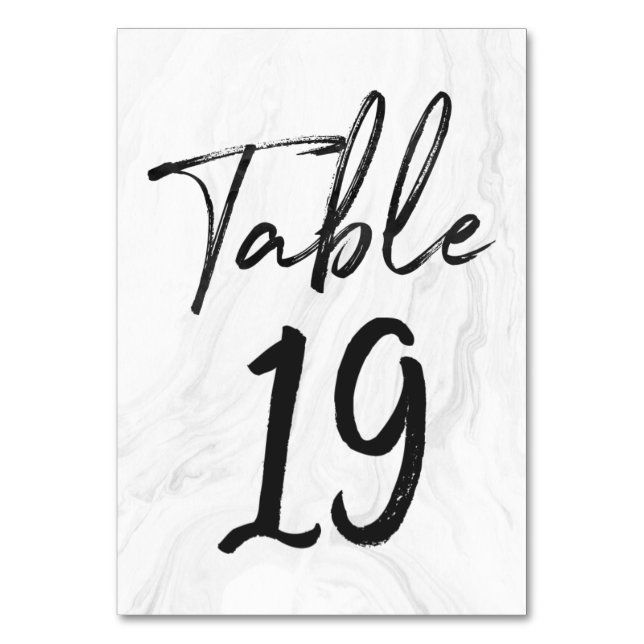 Modern White Marble Script | Table Number Card 19 (Front)