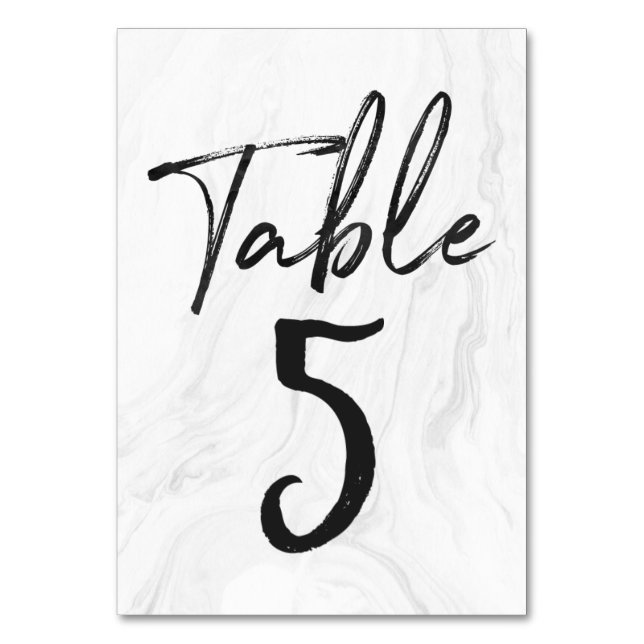 Modern White Marble Script | Table Number Card 5 (Front)