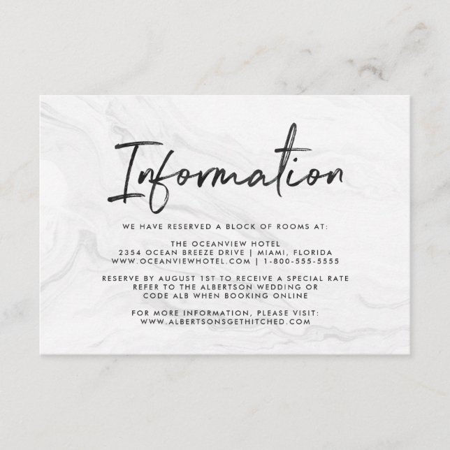 Modern White Marble Script | Wedding Information Enclosure Card (Front)