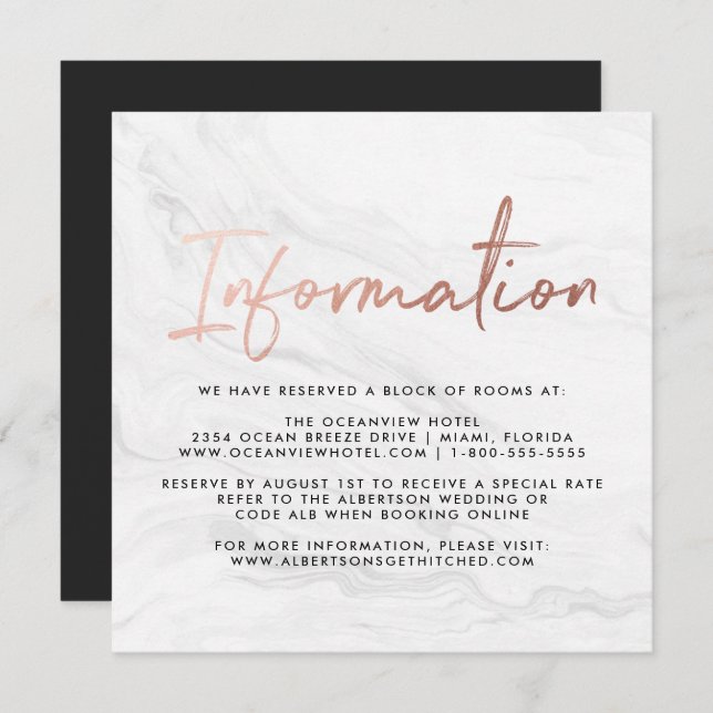 Modern White Marble Script | Wedding Information Invitation (Front/Back)