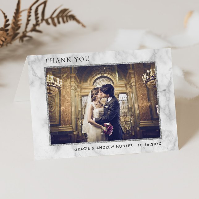 Modern White Marble Silver Glitter Thank You Card (Creator Uploaded)