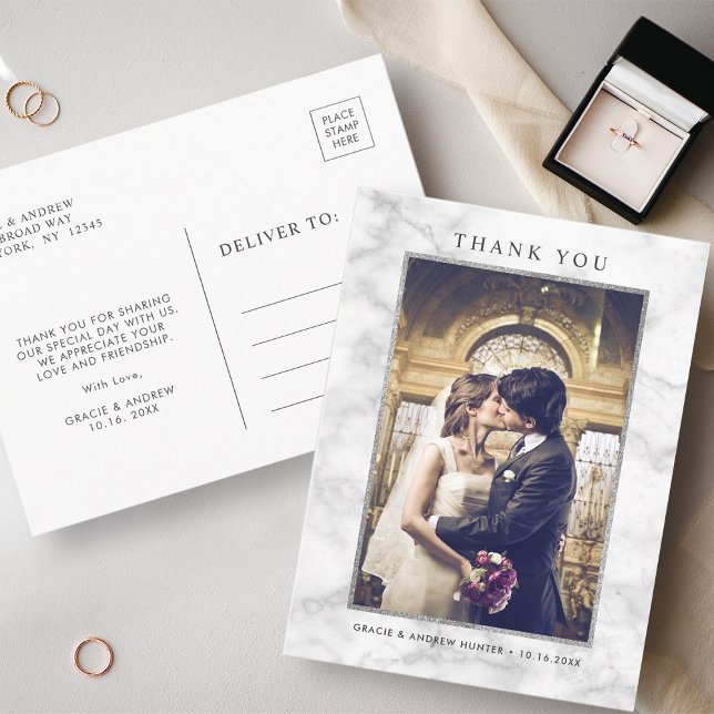 Modern White Marble Silver Glitter Thank You Postcard (Front & Back)
