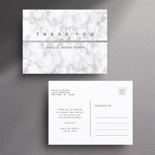 Modern White Marble Silver Glitter Thank You Postcard