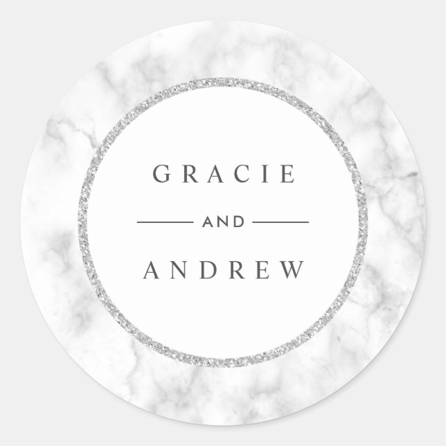 Modern White Marble Silver Glitter Wedding Classic Round Sticker (Front)