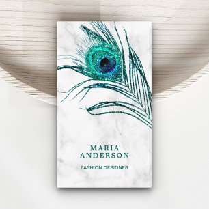 Modern White Marble Teal Peacock Feather Business Card