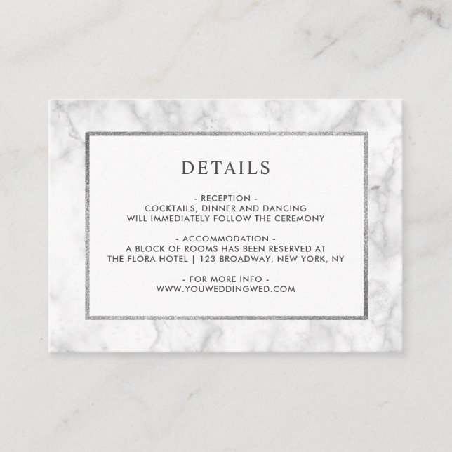 Modern White Marble Wedding Details Enclosure Card (Front)