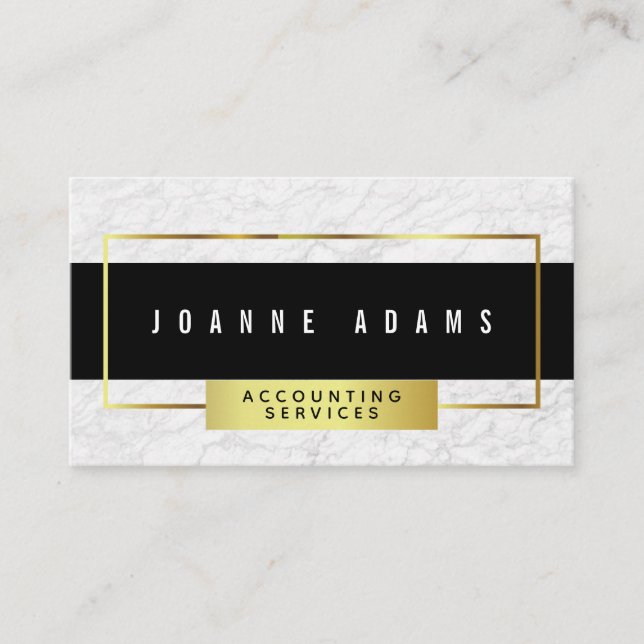 Modern White Marble With Black And Gold Business Card (Front)