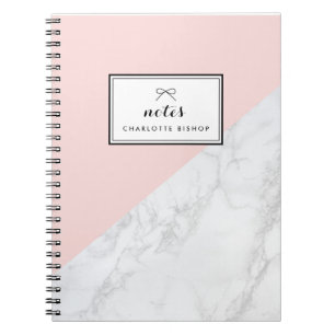Modern White Marble with Pink Block Personalised Spiral Notebook