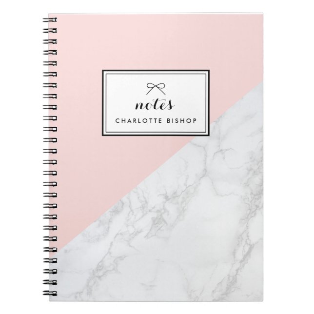Modern White Marble with Pink Block Personalised Spiral Notebook (Front)