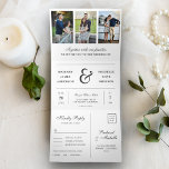 Modern White Minimal 3 in 1 Photo Collage Wedding Tri-Fold Invitation<br><div class="desc">Amaze your guests with this elegant all in one wedding invite featuring a beautiful ampersand and modern typography with detachable RSVP postcard. Simply add your event details on this easy-to-use template and adorn this card with your favourite photos to make it a one-of-a-kind invitation.</div>