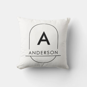 Modern White Minimalist Family Last Name Monogram Cushion