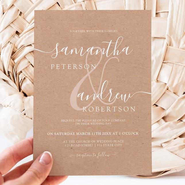 Modern white minimalist kraft script wedding invitation (Creator Uploaded)