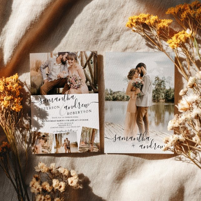 Modern white minimalist script 5 photos wedding invitation (Modern white minimalist script 5 photos wedding invitation)