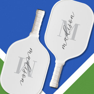 Modern White Minimalist Script Monogram Pickleball Paddle