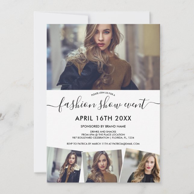 Modern white minimalist script photos fashion show invitation (Back)