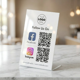 Modern White Minimalist Social Media QR Code Pedestal Sign