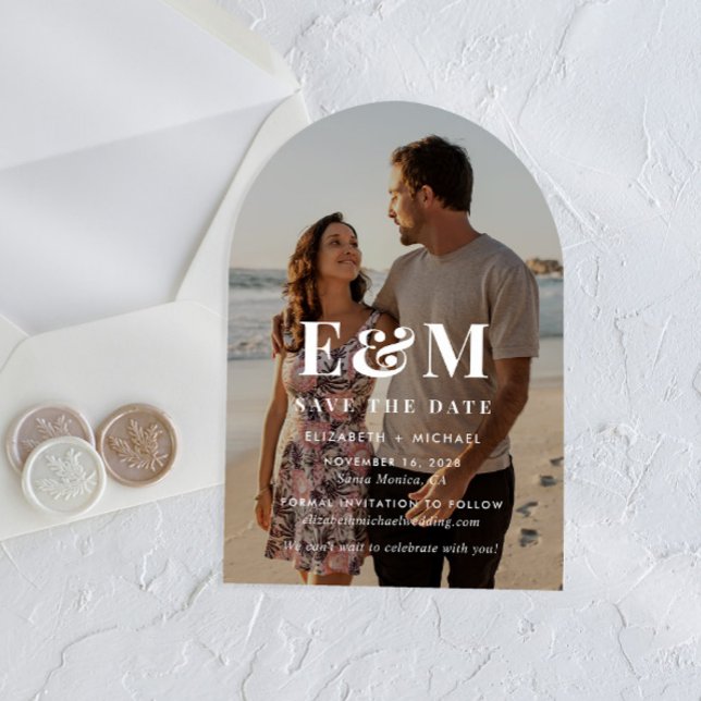 Modern White Monogram Arch Photo Save The Date Acrylic Invitations (Make your day unforgettable with stunning arched acrylic save the dates—modern, elegant, unique!)