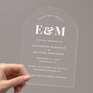 Modern White Monogram Initials Arch Save The Date Acrylic Invitations