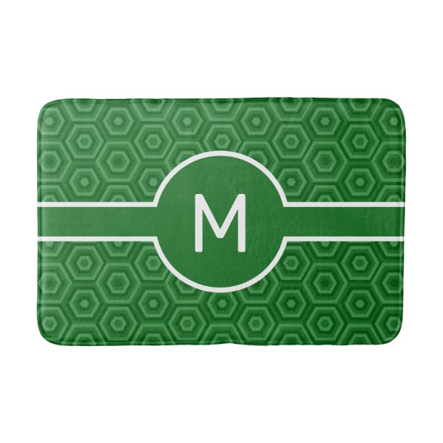 Modern White Monogram on Green Geometric Bath Mat (Front)