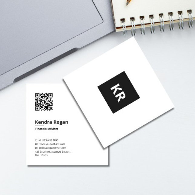 Modern White Monogram QR code Minimal  Square Business Card (Creator Uploaded)