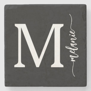Modern White Monogram Stone Coaster