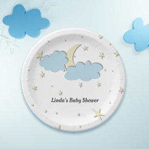 Modern White Moon & Stars Elegant Baby Shower Paper Plate