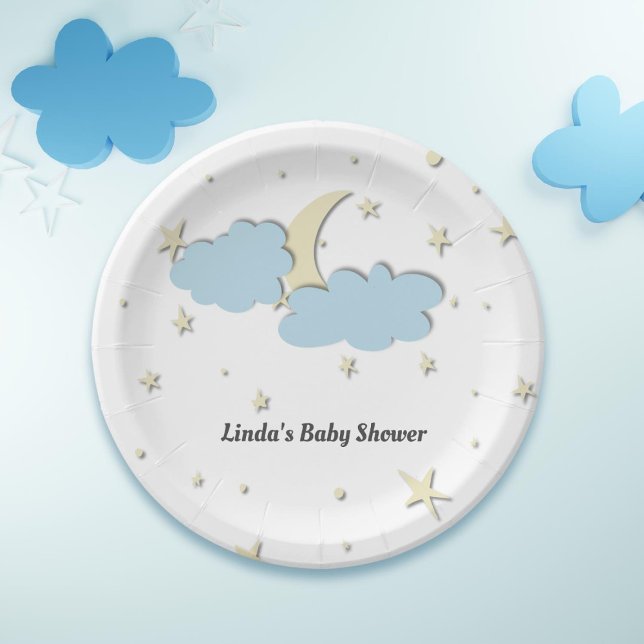 Modern White Moon & Stars Elegant Baby Shower Paper Plate (Creator Uploaded)