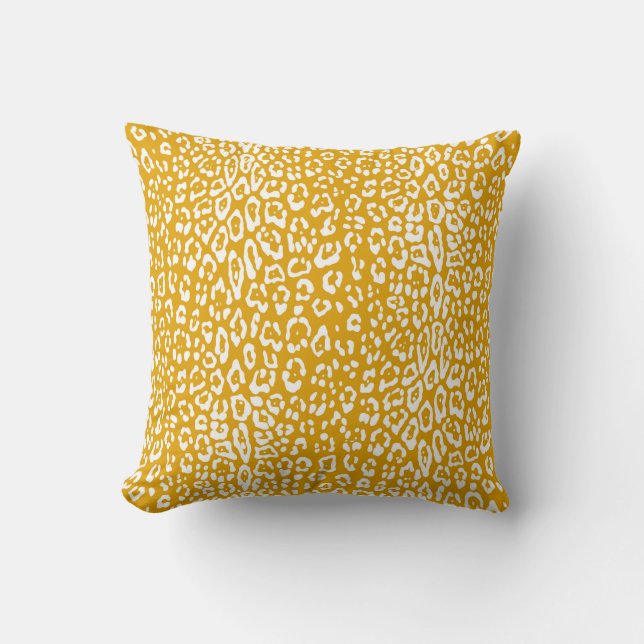Modern, white, mustard yellow, animal print cushion (Front)