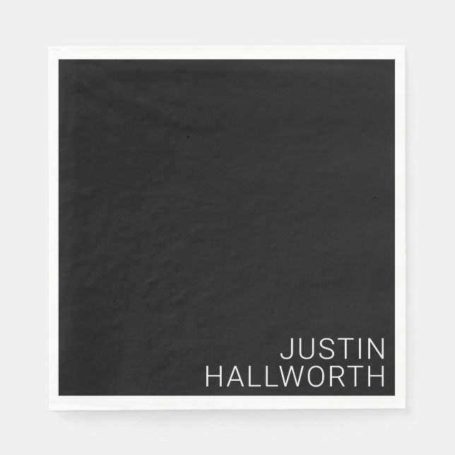 Modern White Name on Black Napkin (Front)