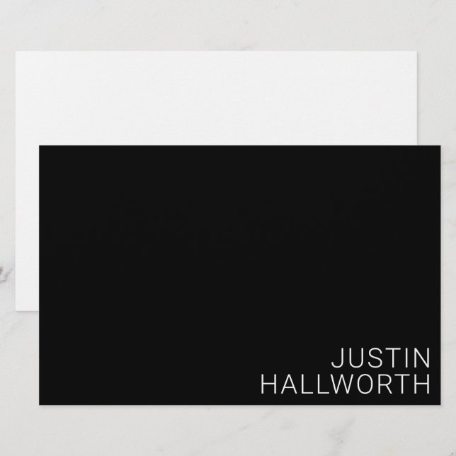 Modern White Name on Black Stationery (Front/Back)