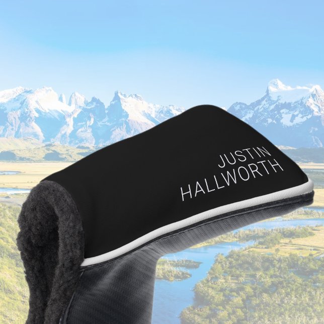 Modern White Name or other Text on Black Golf Head Cover (Creator Uploaded)