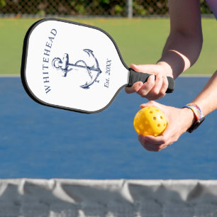 Modern White Nautical Anchor Monogram Pickleball Paddle