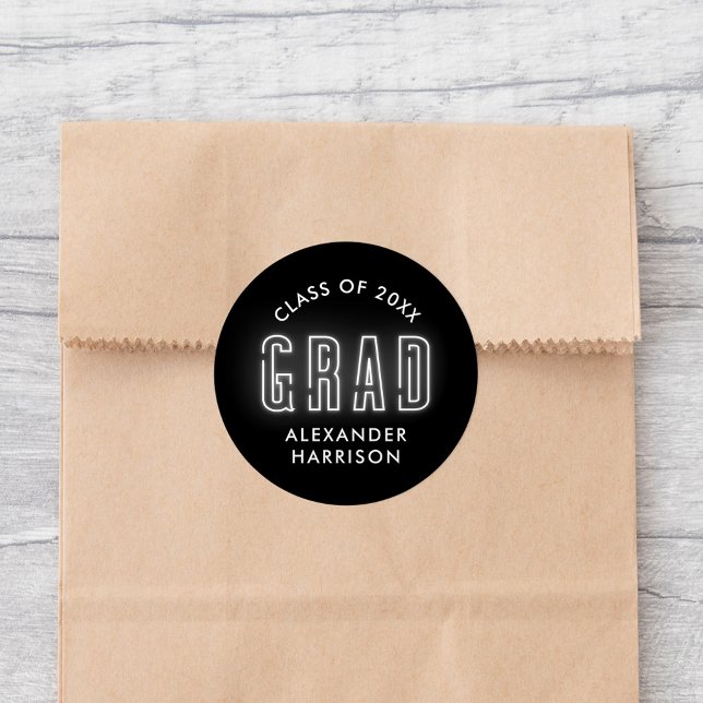 Modern White Neon Graduation Classic Round Sticker (Creator Uploaded)