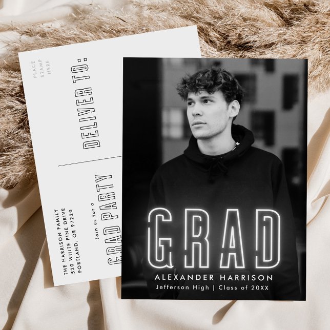 Modern White Neon Photo Graduation Party Invitation Postcard (Creator Uploaded)
