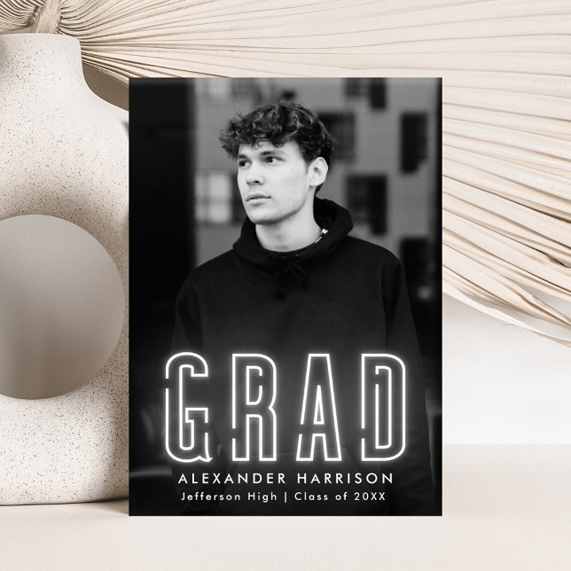 Modern White Neon Vertical Photo Graduation Announcement (Creator Uploaded)