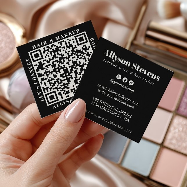 Modern White on Black Bold QR Code Hair & Makeup Square Business Card (Modern White on Black Bold QR Code Hair & Makeup Square Business Card)