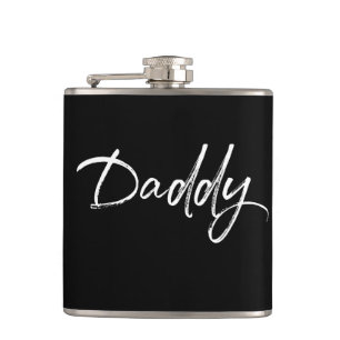 Modern White on Black Daddy Script Hip Flask