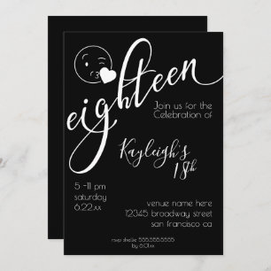 Modern White on Black Kissy Emoji 18th Birthday Invitation