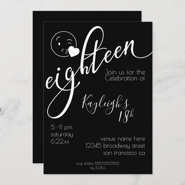 Modern White on Black Kissy Emoji 18th Birthday Invitation (Front/Back)
