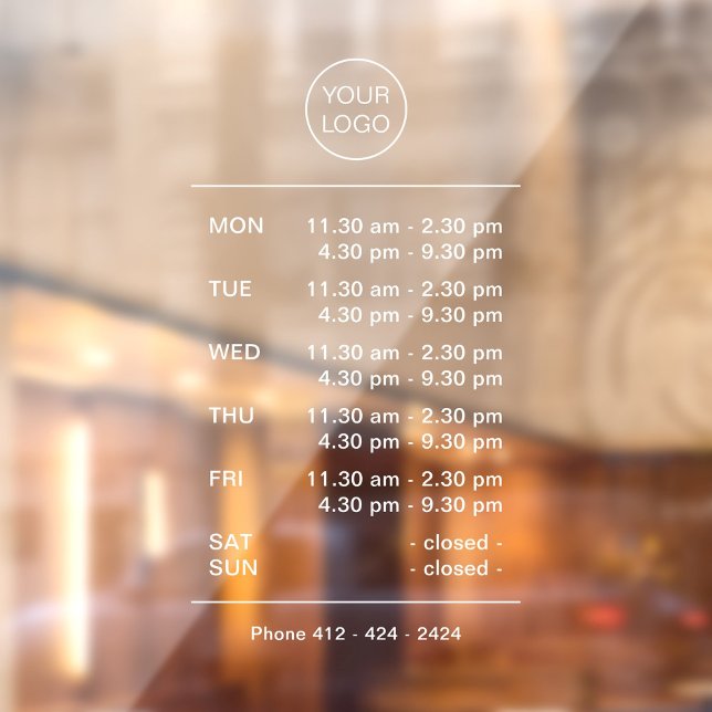 Modern White Opening Times With Break Business  (Modern white business opening times with break, logo and phone number window cling. )